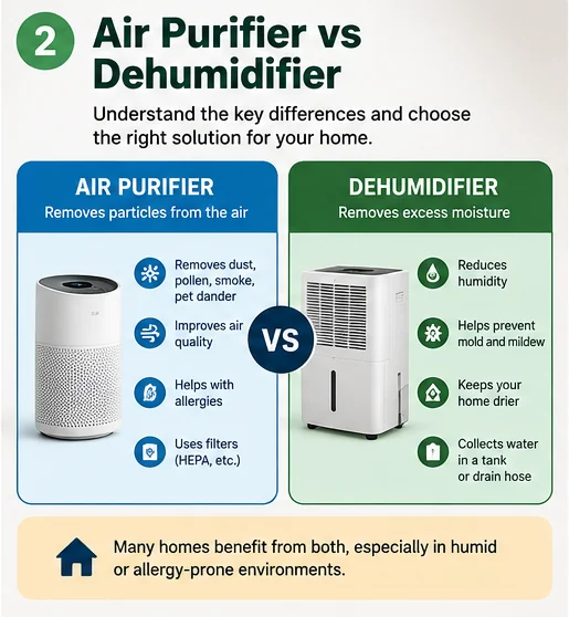 Illustration comparing an air purifier and dehumidifier