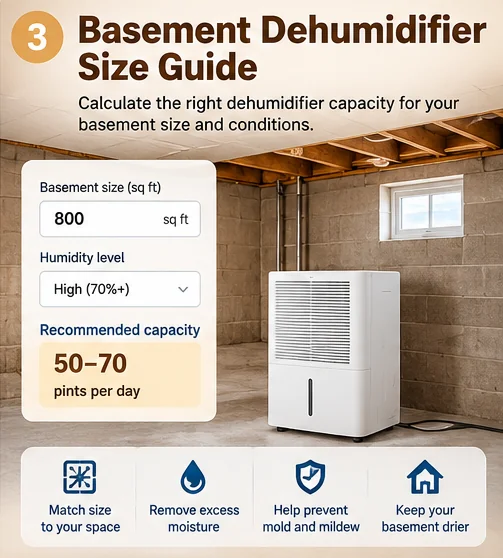 Illustration of a basement with a dehumidifier
