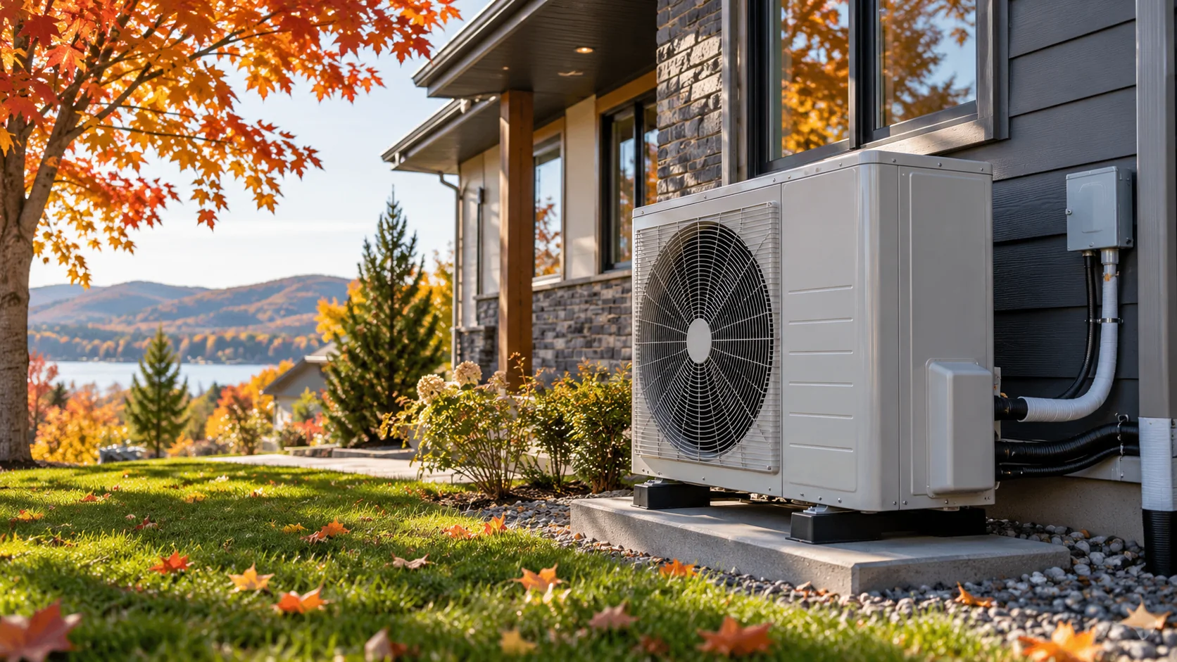 Illustrative photo of an outdoor heat pump at a house in autumn