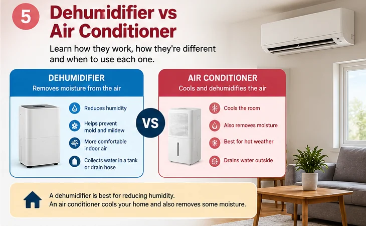 Illustration comparing a dehumidifier and air conditioner